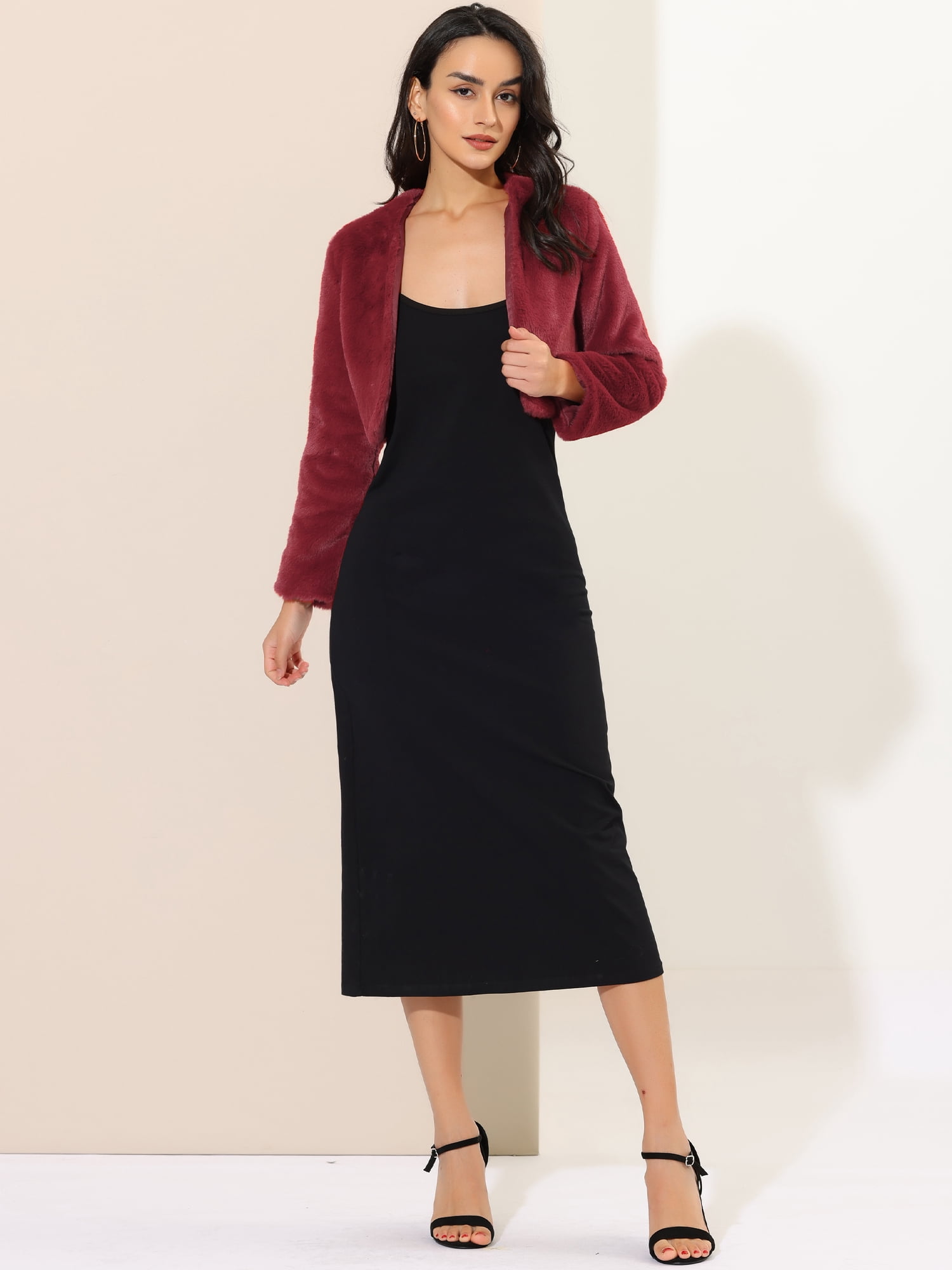 DARING DIVA Women's Cropped Open Front Faux Fur Short Shrug Jacket M Wine Red