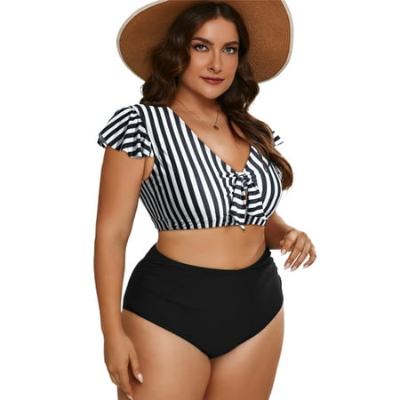 Plus Size Black Stripe 2-Piece Knot Cutout Ruffle Sleeve Swimsuit - [ZhiHiMeRi] | (US 26W-28W)4X