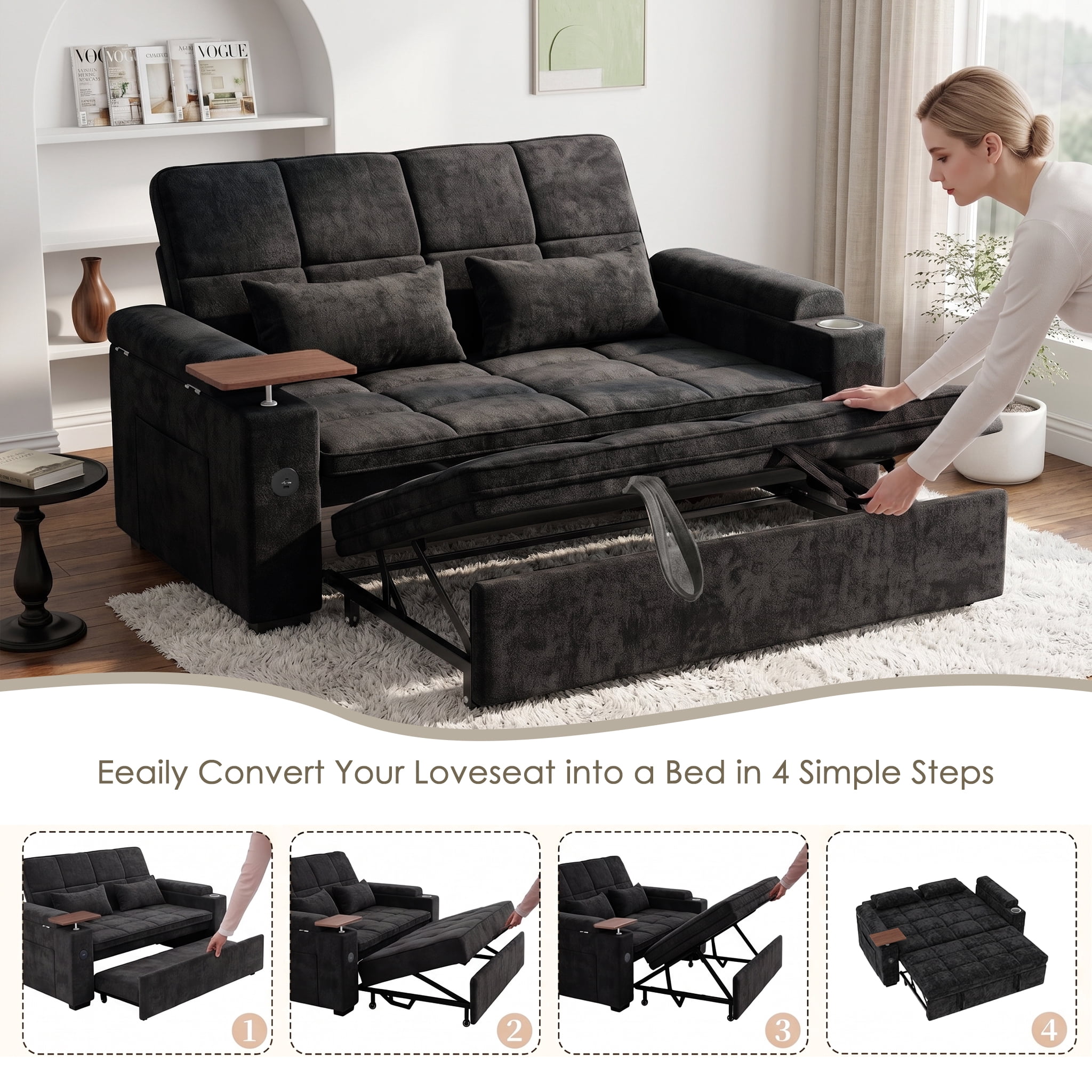 AISWORD 65" 3‑in‑1 Pull‑Out Sleeper Sofa Bed, Chenille Convertible Loveseat with USB Port, Rotating Side Table, Cup Holders for Small Spaces, Black