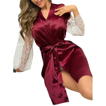 LilyLLL Womens Lace Sheer Kimono Bathing Robe Satin Silk Lingerie Sleepwear Pajamas