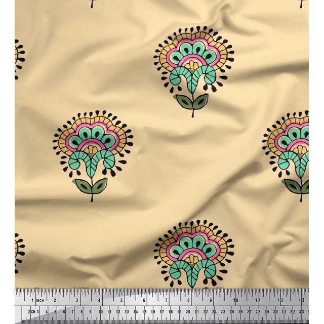 Soimoi Polyester Crepe Fabric Leaves & Floral Block Print Sewing Fabric Yard 42 Inch Wide