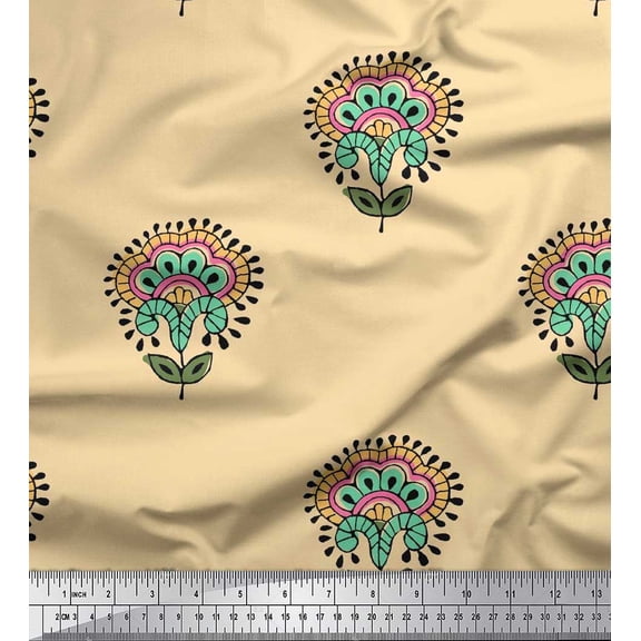 Soimoi Cotton Voile Fabric Leaves & Floral Block Printed Craft Fabric by The Yard 42 Inch Wide
