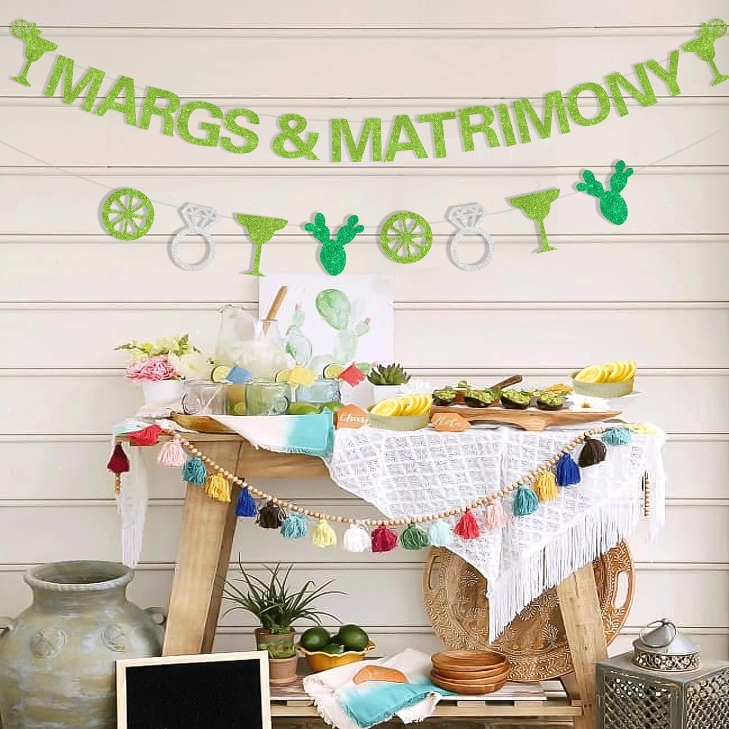 Margarita Bachelorette Party Decorations, Margs & Matrimony Banner for Mexican Fiesta Cactus Bridal Shower Engagement Wedding Supplies Decorations
