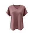 thumbnail image 4 of HomeDM Womens V-Neck Short Sleeve T-Shirts Solid Color Loose Fit Summer Pullover Tops - Pink/L, 4 of 6