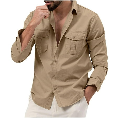 SSAAVKUY Mens Long Sleeve Fishing Shirts Button Down Outdoor Camping Hiking Shirt with Two Pockets Lightweight Lapel Neck Cargo Shirt Khaki 14