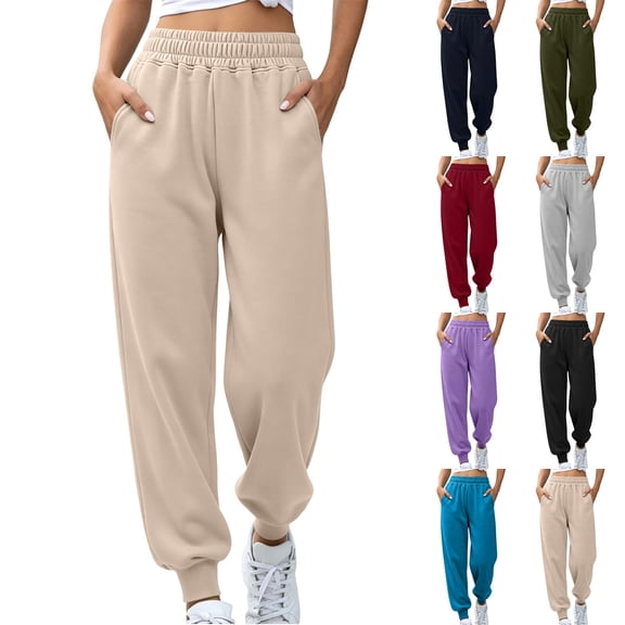 Women's Sweatpants, Drawstring Closure, Double Elastic Waist Sweatpants, Full Length Jogger Solid Sweatpants, Fitness Casual Wear Side Slip Pockets Trousers Beige,L