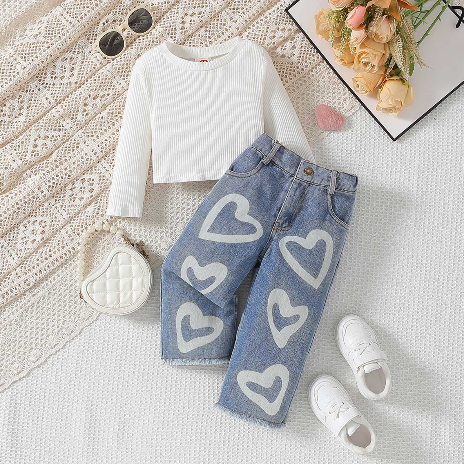 Toddler Girls Mother's Day Clothes Ribbed Baby Kids Girl Denim Outfits Long Sleeve Tops Love Hearts Jeans Pants