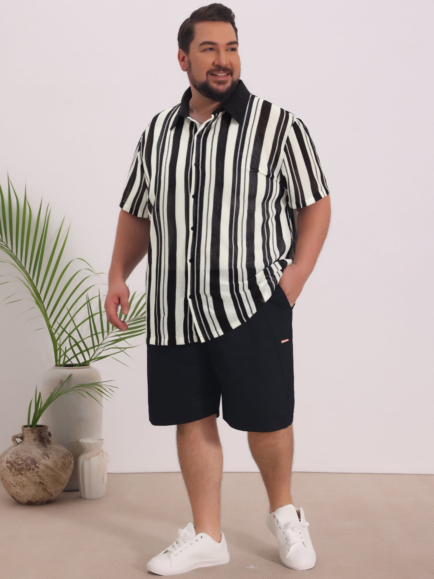 DARING DIVA Men's Big Tall Colorblock Striped Short Sleeve Button-Down Shirt 6XL Black