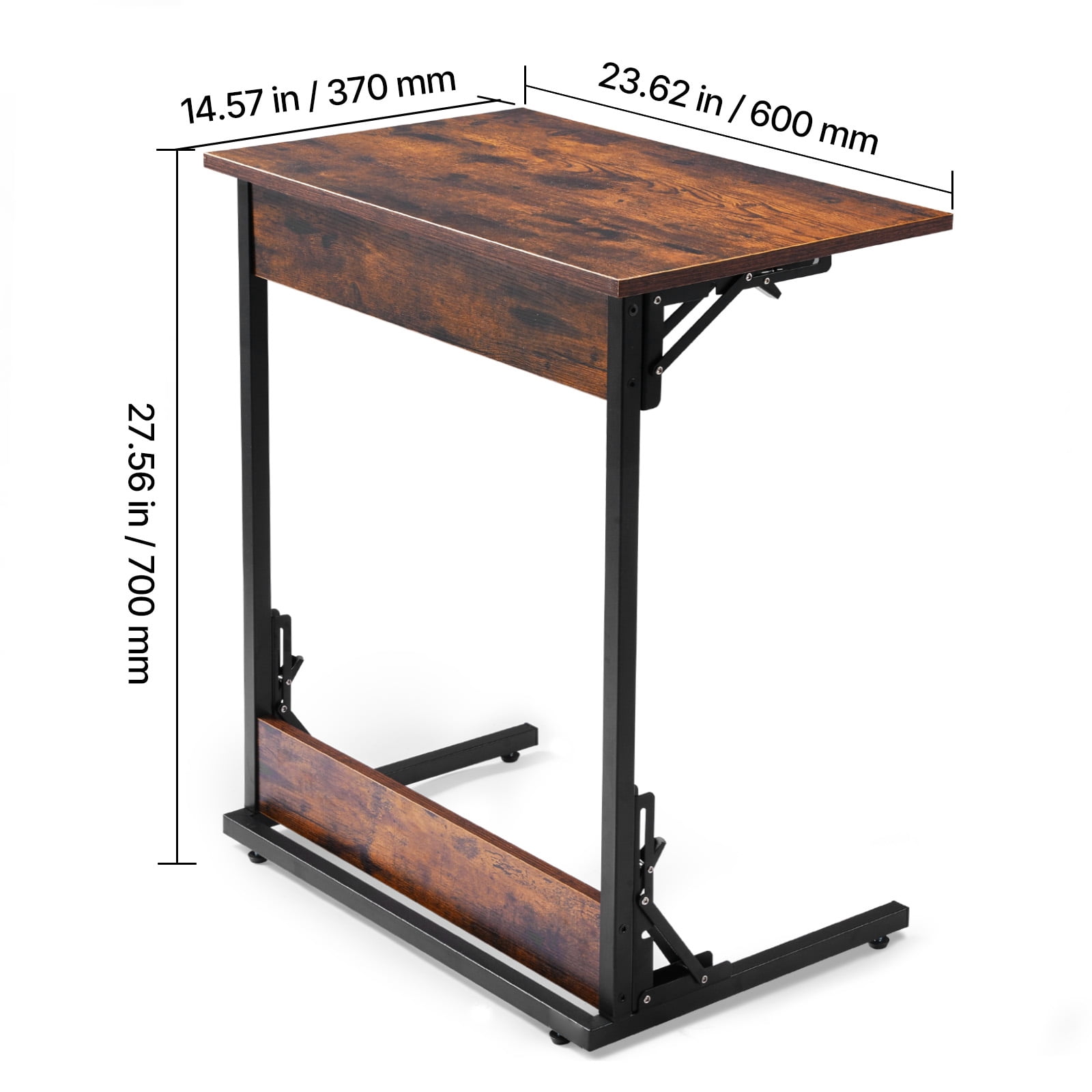 KFFKFF Folding C-Shaped End Table with Metal Frame & Adjustable Feet, Compact Foldable Side Table for Living Room, Bedroom, or Office, 23.62 x 14.57 x 27.56 inch TV Tray, Brown and Black