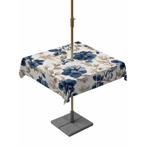 Outdoor Tablecloth with Umbrella Hole for Patio/Picnic/Party/Camping, Navy Blue Beige Floral Waterproof Table Cloth Square Cover Washable, Vintage Farmhouse Floral Leaves (54"x 54")