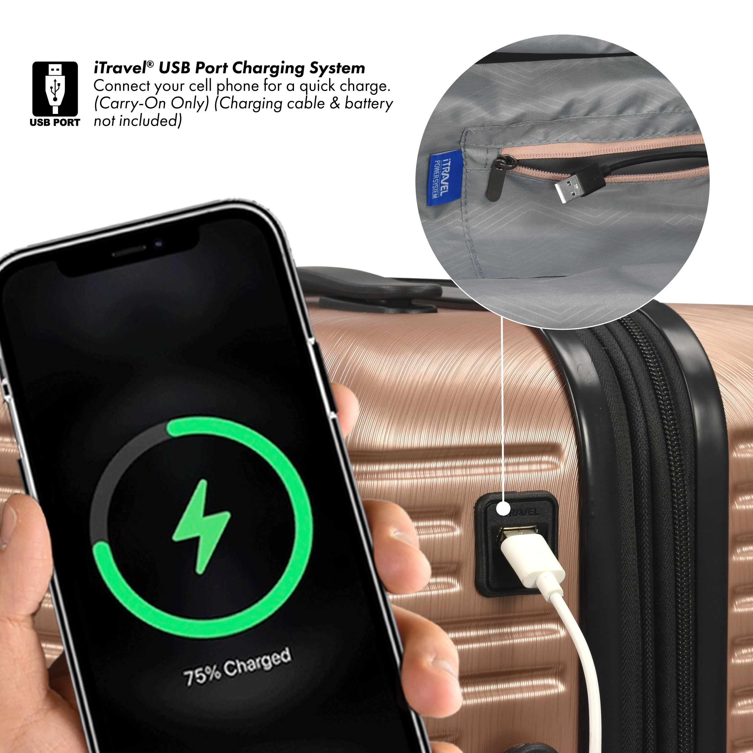 Travel Select Sunny Side Hardside Spinner Luggage with USB Port, Rosegold, 22" Carry-On