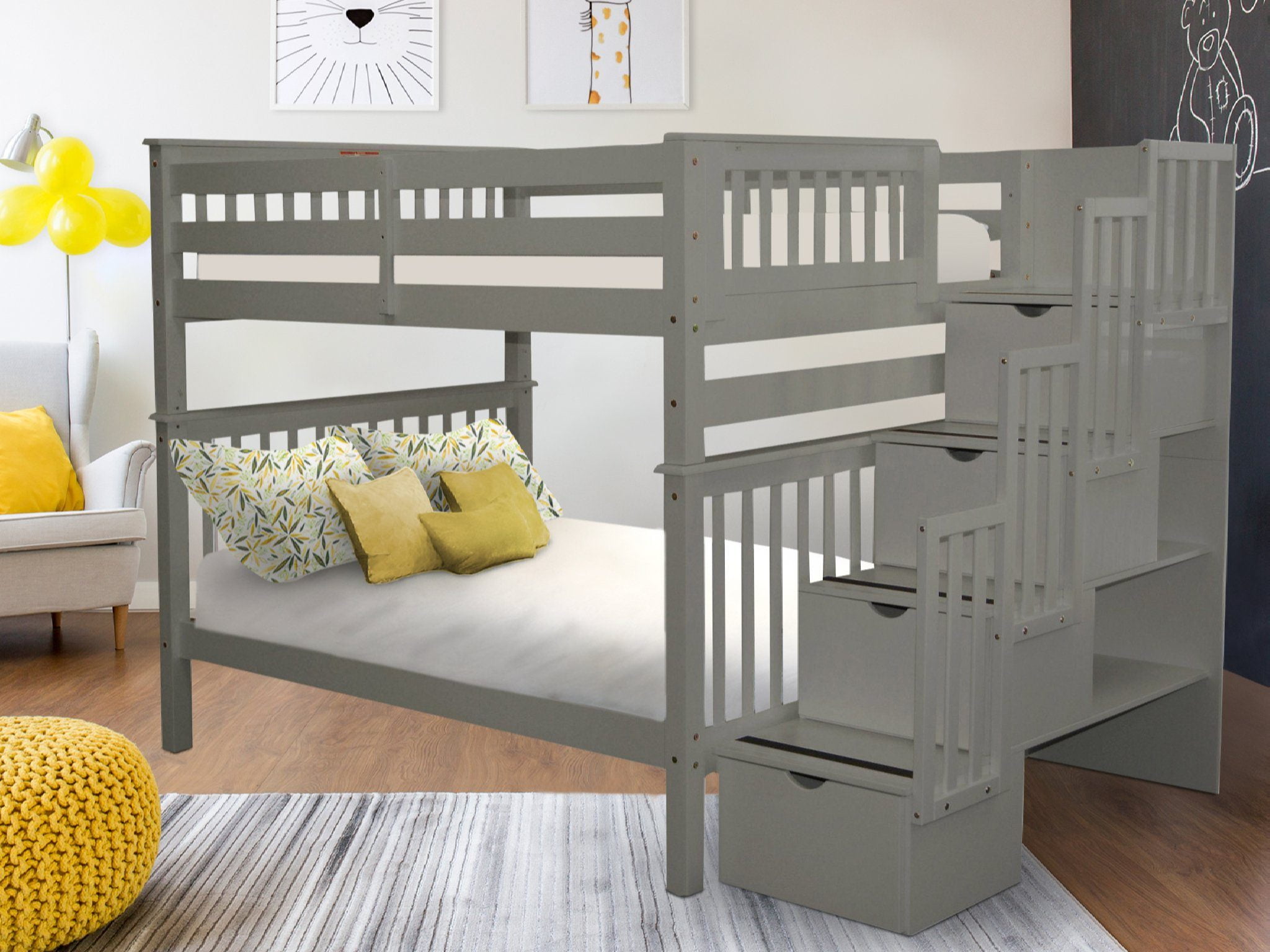 Bedz King Stairway Bunk Beds Full over Full with 4 Drawers in the Steps