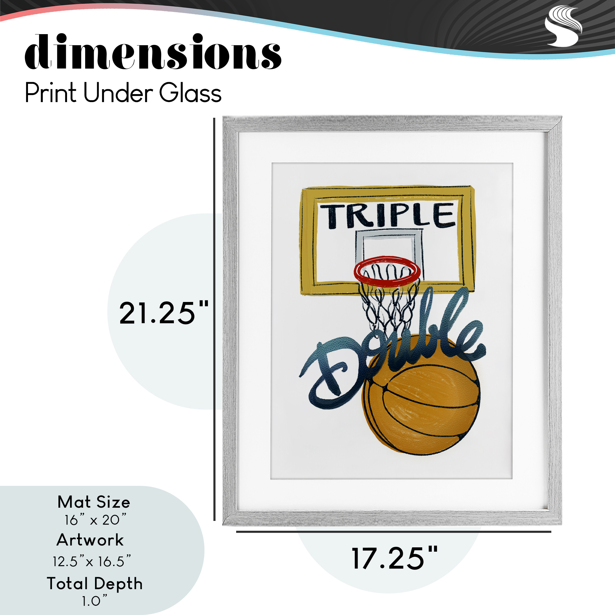 Triple Double Basketball Gray Framed Print Under Glass, design by Connie Summers