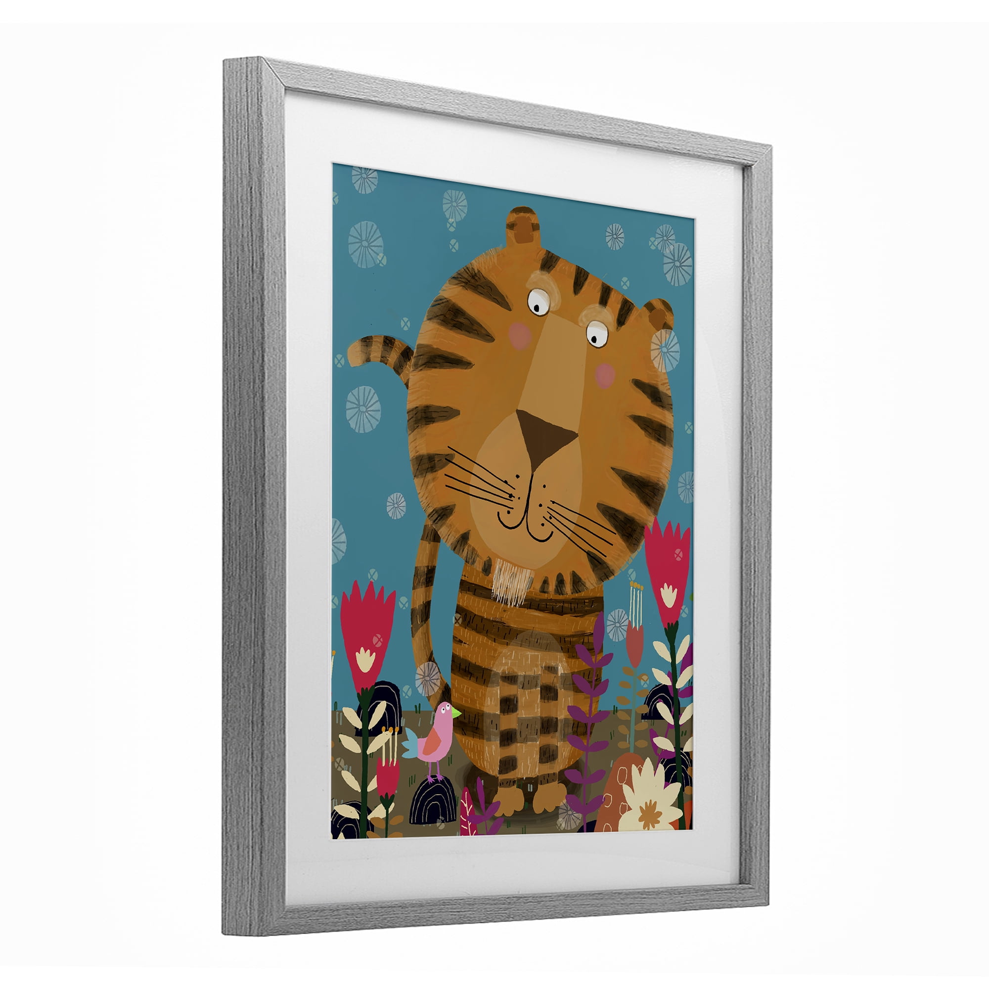 Stupell Industries Boho Tiger & Flowers Gray Framed Print Under Glass, design by Carla Daly