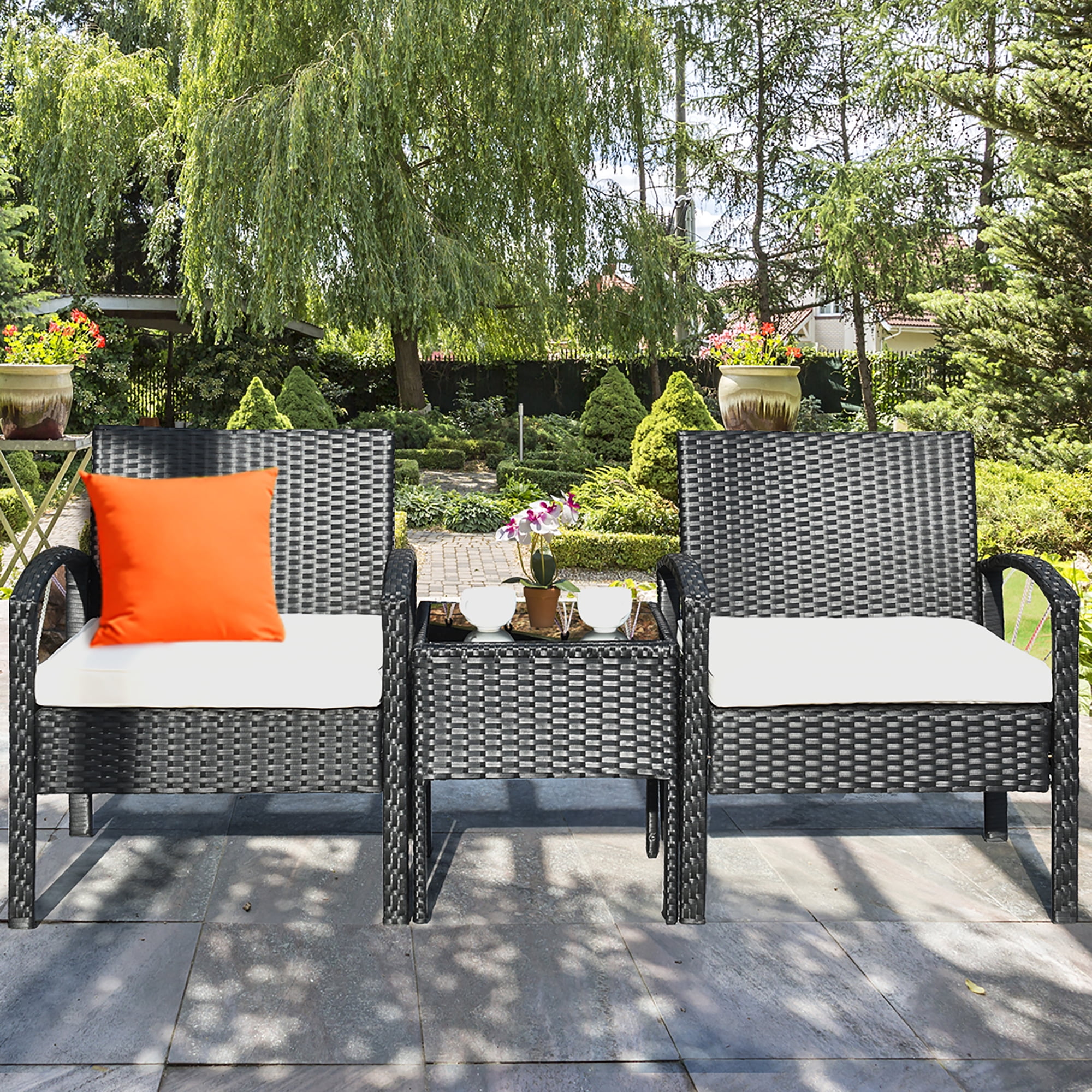 3PCS Patio Rattan Wicker Chair Sofa Table Set Cushioned Outdoor Garden Furniture 