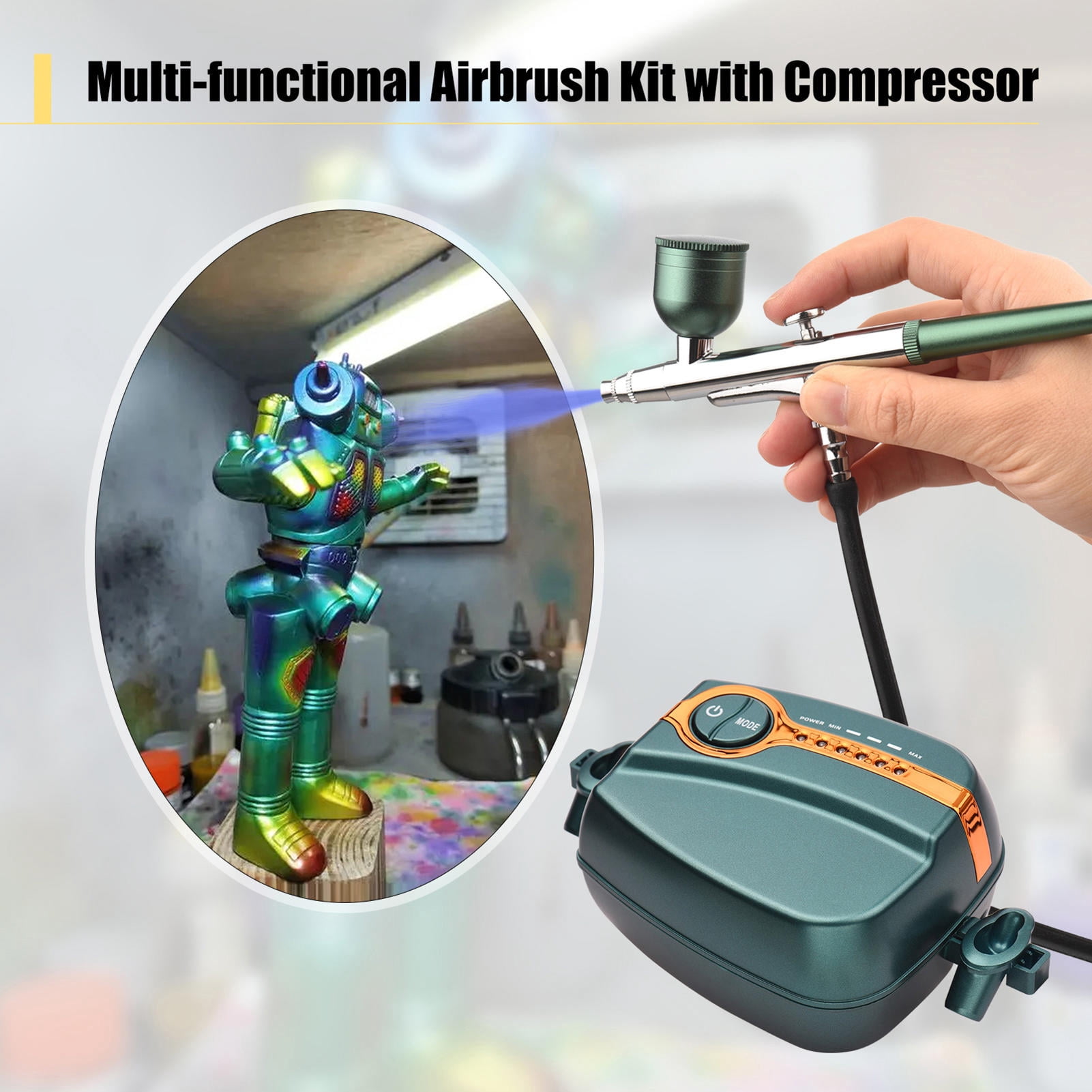Yajisi Multi-functional Handheld Airbrush Kit with Compressor, Dual-Action 5-Level Adjustable 25PSI Air Brush Set with 3 Paint Cups for Painting, Models, Nail Art, Makeup, Cake Decorating, Green