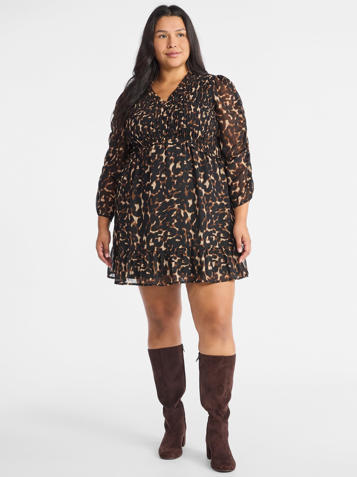 Time and Tru Women's Smocked Chiffon Mini Dress with Long Sleeves, Sizes XS-XXXL
