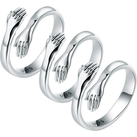 3Pcs Sterling Silver Hug Rings for Women Men, Silver Hugging Hands Open Promise Ring Jewelry, Couples Valentine's Day Gifts