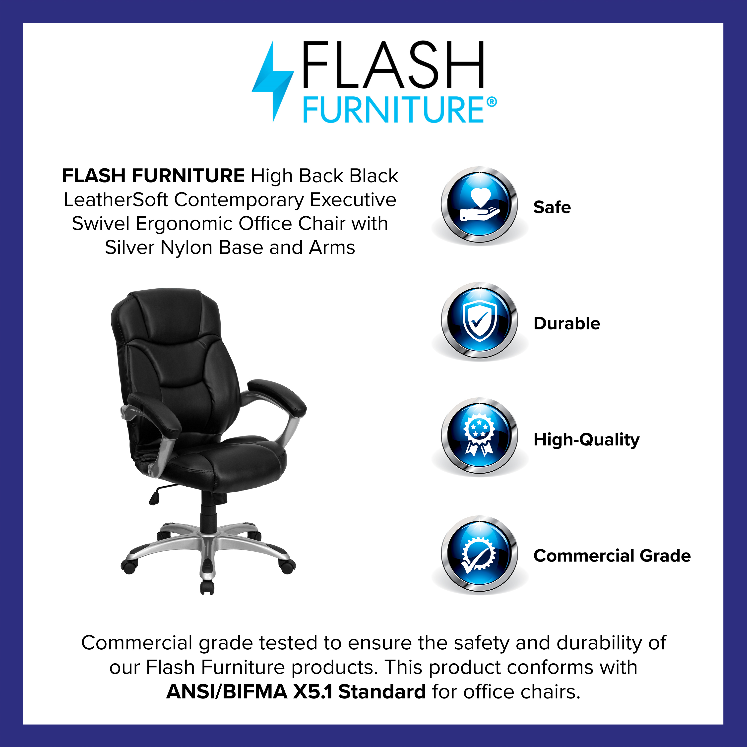 Flash Furniture High Back Black LeatherSoft Contemporary Executive Swivel Ergonomic Office Chair with Silver Nylon Base and Arms - image 3 of 6