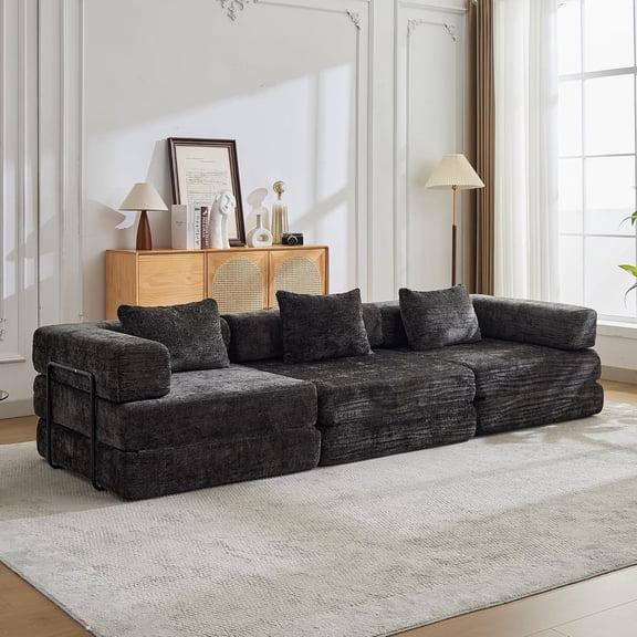 6-in-1 Folding Convertible Sofa Bed, 118 Inch Boneless Couch with Fixed-Shape Frame, Chenille Sleeper Sofa with Pull Out Bed, Floor Sofa Modular Futon Couches for Living Room Bedroom Lounge (Black)