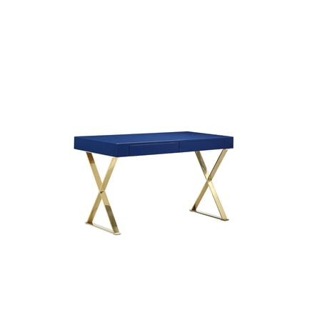 Benjara Rix 47 Inch Office Desk, 2 Drawers, X Cross Legs, Gold Steel, Blue Lacquer