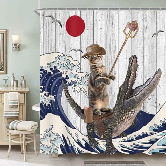 Funny Cat Riding Shark Shower Curtain - Blue Nautical Bathroom Decor For Kids & Adults, 70x70 Inches
