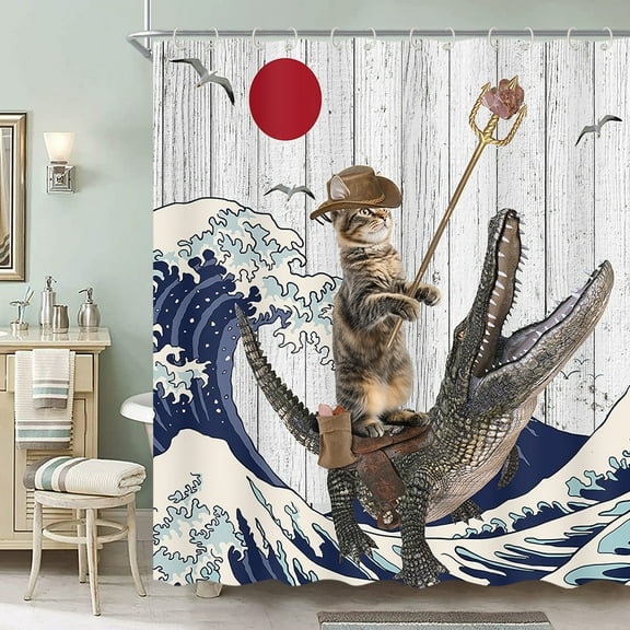Funny Cat Shower Curtain Fun Cool Cat Riding Crocodile Japanese Ocean Wave Bathroom Curtain for Kids Rustic Wood Farmhouse Bath Curtain Waterproof Fabric Shower Curtain Set with 12 Hooks, 47X64IN