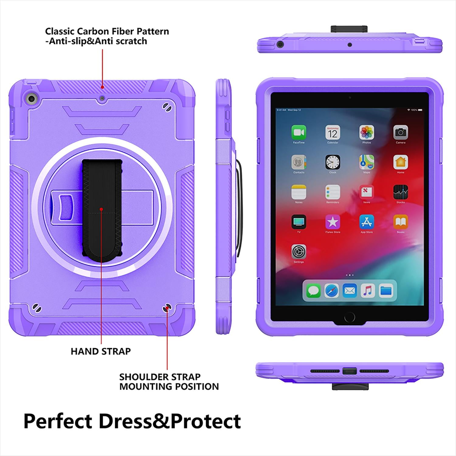 Shockproof Case for Apple iPad 6th 5th Generation, with Pencil Holder Military Grade Protection Rotating Stand Hand Strap Shoulder Strap Bumper Rugged Case for iPad 6th 5th Gen 9.7", Purple