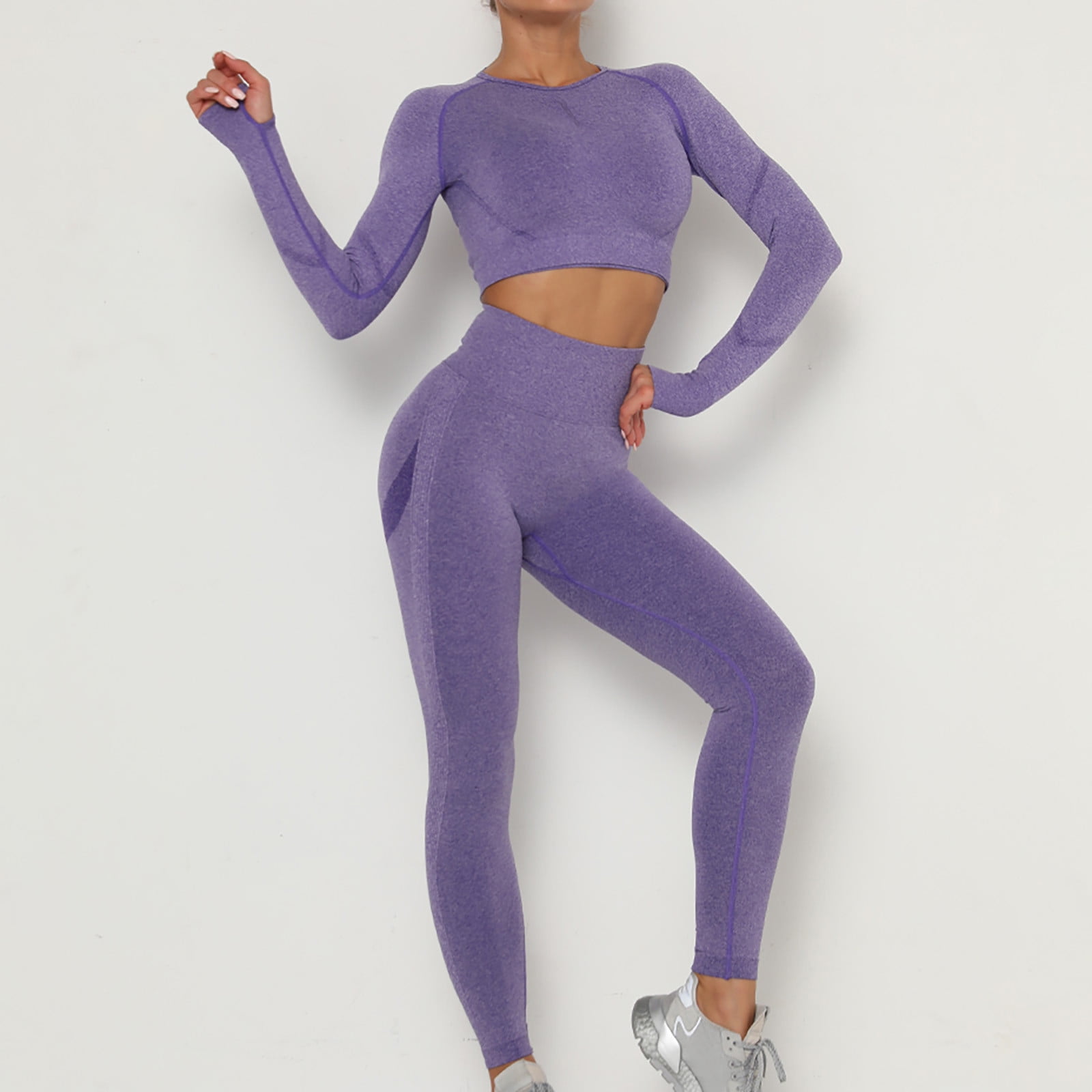HAPIMO Women's Yoga Sets Sports Fitness High Waist Hip-Lifting Trousers  Workout Clothes Gym Leggings Sets Savings Purple L 