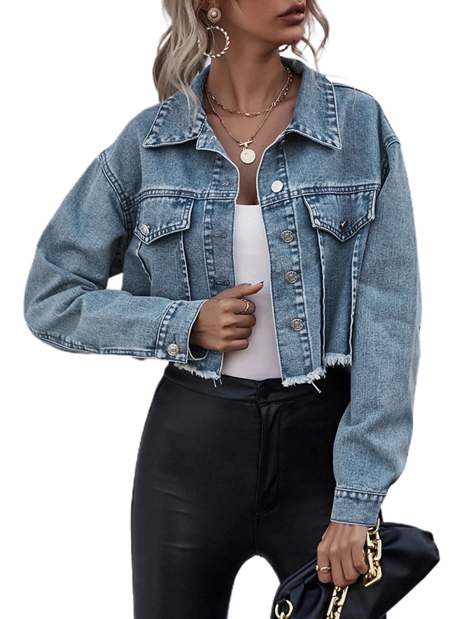 YiLvUst Women's Jean Jacket Frayed Washed Button Up Cropped Denim