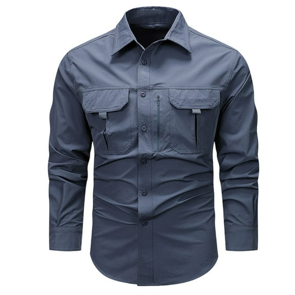 Stamzod Button Down Shirt Men Cotton Shirts Fashion Vintage Solid Color Long Sleeve Work Shirts for Men Loungewear Casual Loose Workout Cargo Shirts with Pocket Blue B XXXXL
