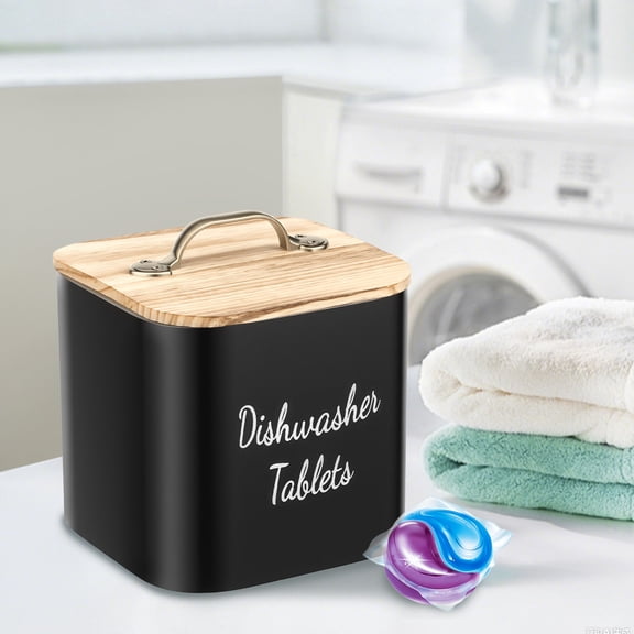 Ihvewuo Wooden Laundry Pod Container with Lid Dishwasher Tablet Storage Box Durable Dishwasher Pod Holder Multipurpose Laundry Bead Organizer for Kitchen Black