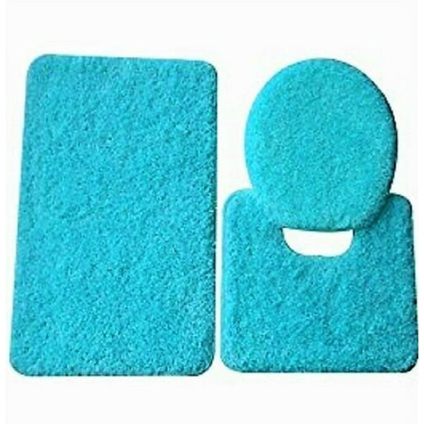 3PC 6 Turquoise Aqua BANDED BATHROOM SET BATH MAT COUNTOUR RUG LID