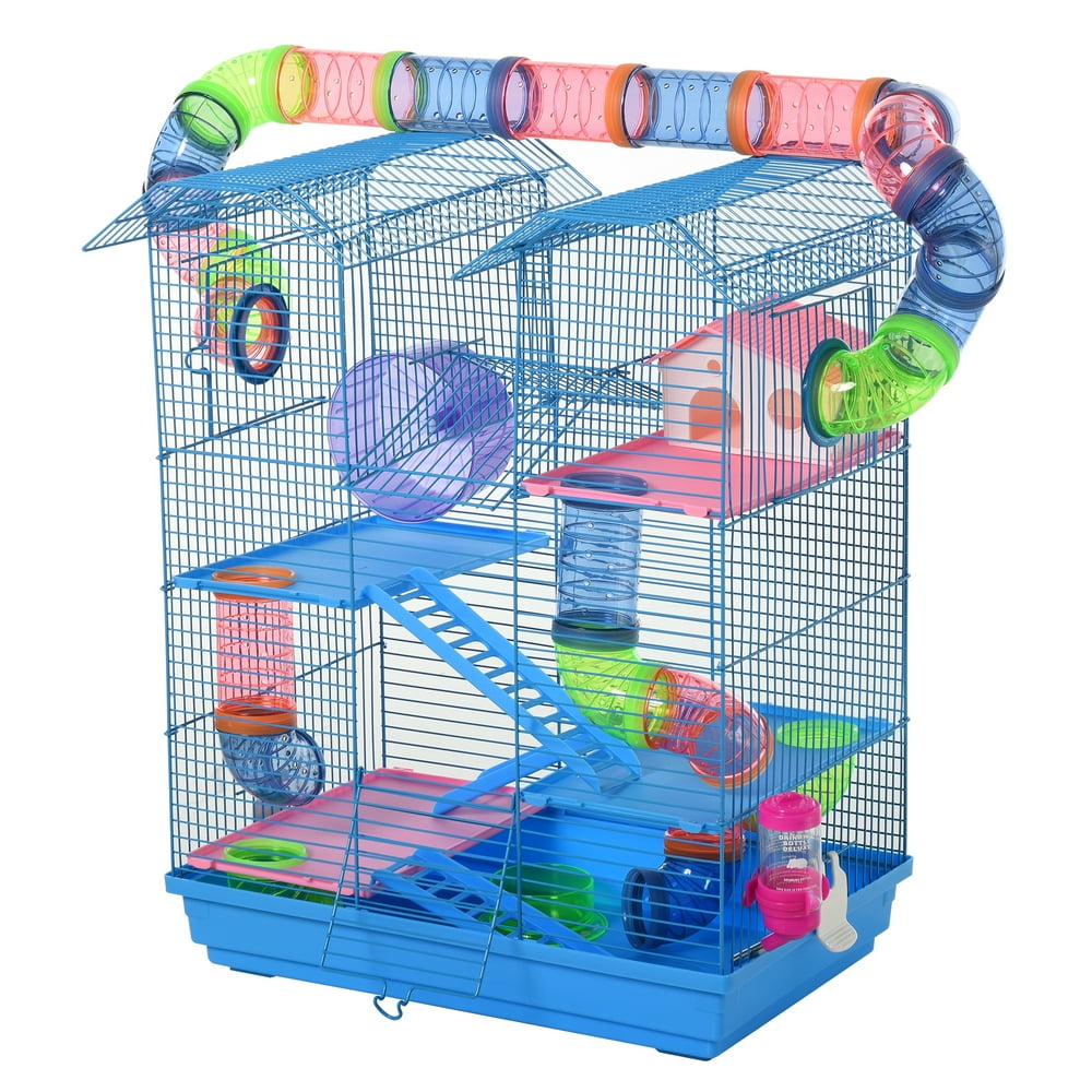 PawHut 5 Tiers Hamster Cage Animal Travel Carrier with Exercise Wheels, Tube Water Bottles, and