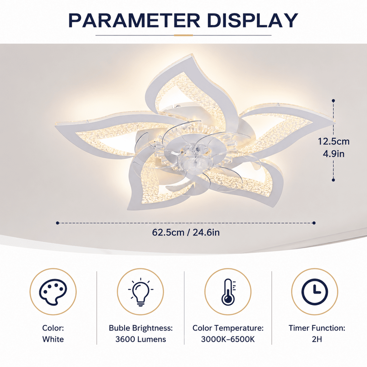 Garwarm 24.6" White Flower Ceiling Fan with Light, Low Profile Flush Mount Fandelier, Dimmable LED Ceiling Light with Remote, 6-Speed Reversible Fan for Bedroom, Kitchen, Living Room