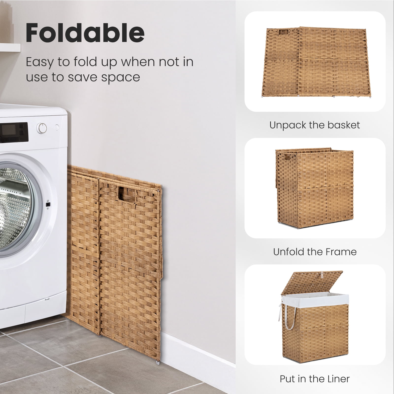 GIANNA Laundry Hamper with Lid, 110L Synthetic Rattan Clothes Laundry Basket with Lid and Handles, Foldable, Removable Liner