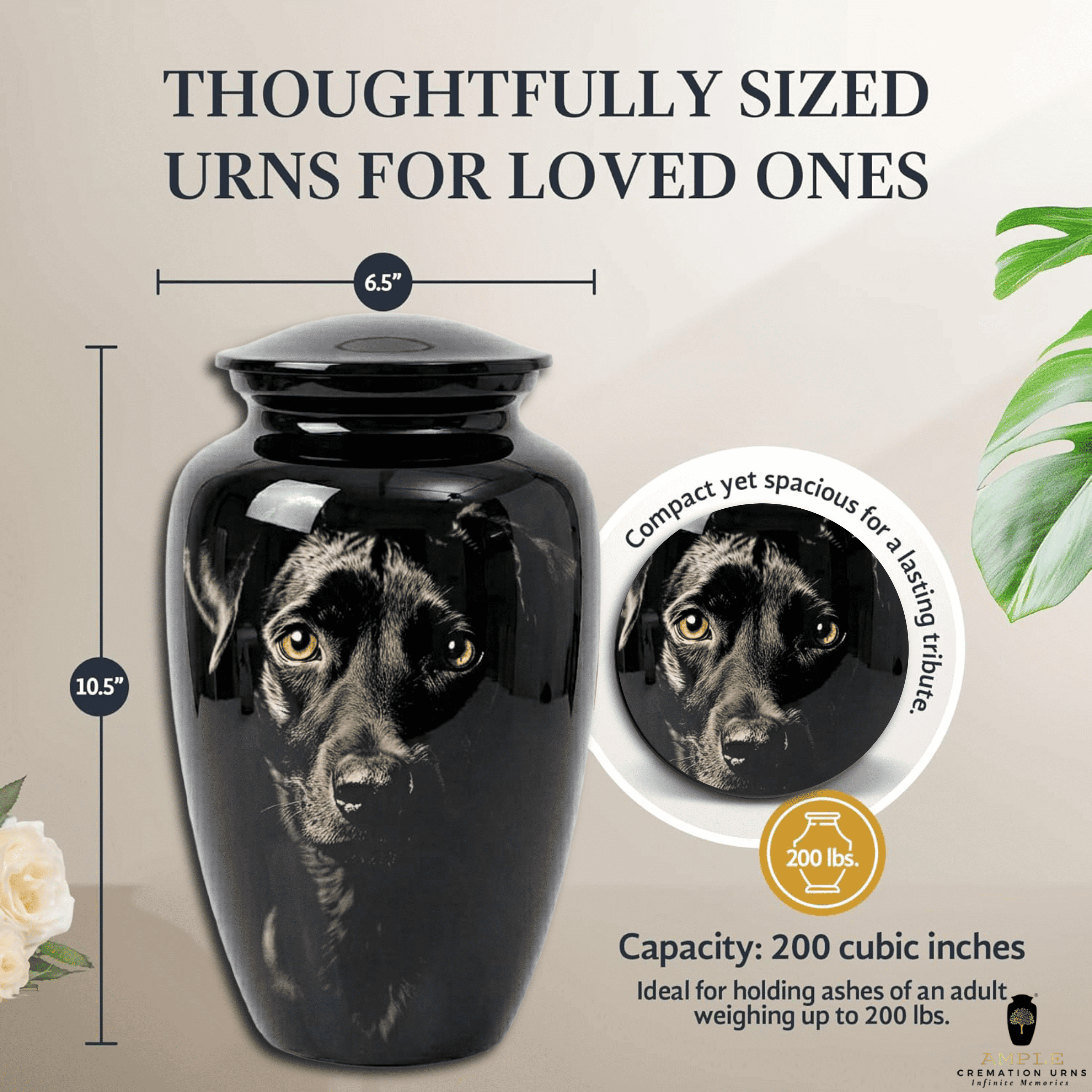 Black Dog Cremation Urn for Pet Ashes – Glossy Aluminum Memorial Urn Realistic Portrait