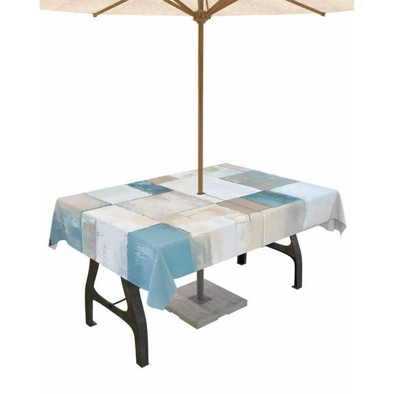 nqOlkjepod Abstract Blue Brown Outdoor Tablecloth with Umbrella Hole & Zipper, Oil Painting Simple Color Blocks Rectangle Table Cover 54x80 Inch, Dining Waterproof Table Cloth Protector for Patio