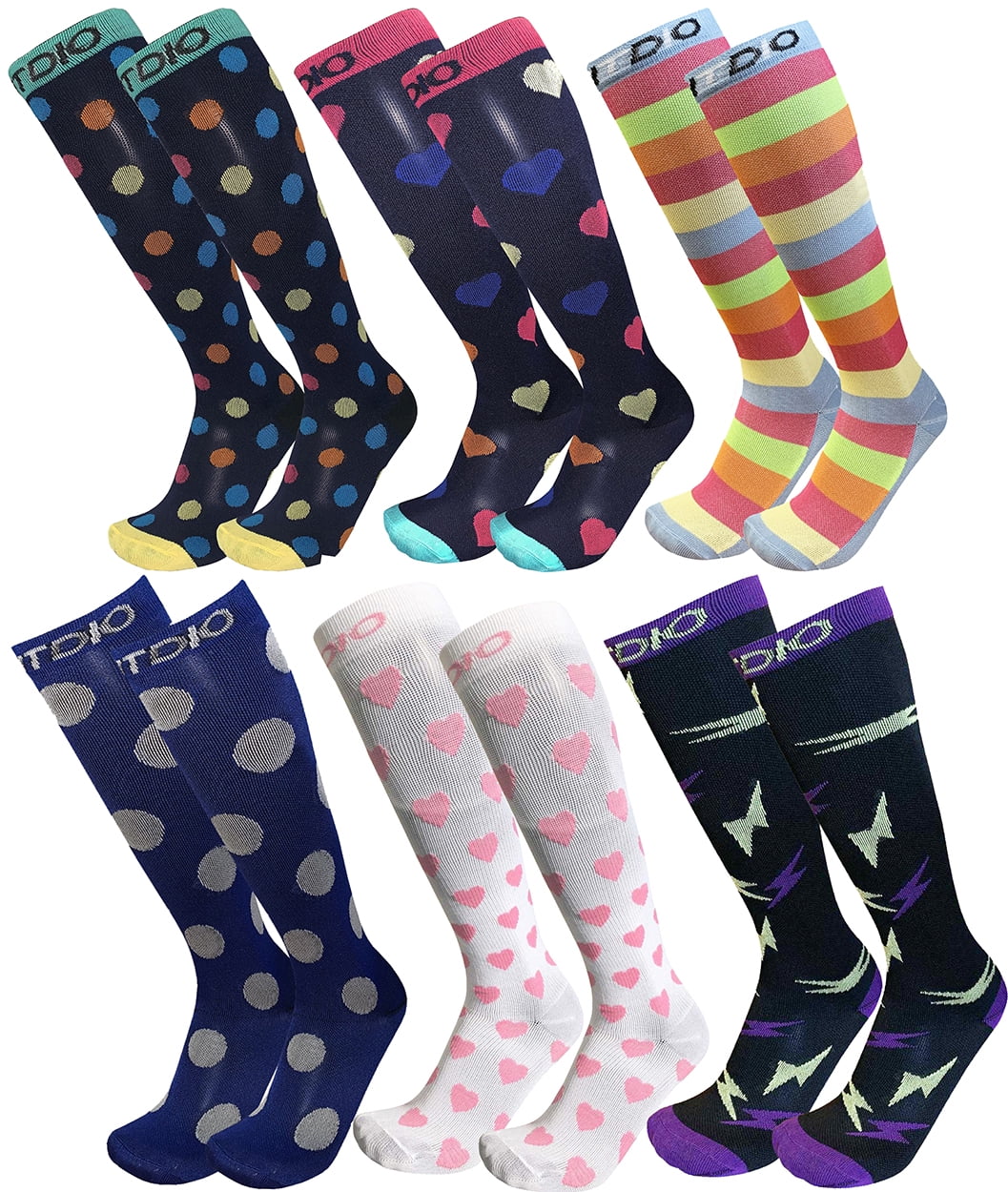 FITDIO Knee High 20-30mmHG Feminine Print 6-Pack Graduated Compression Socks For Women 