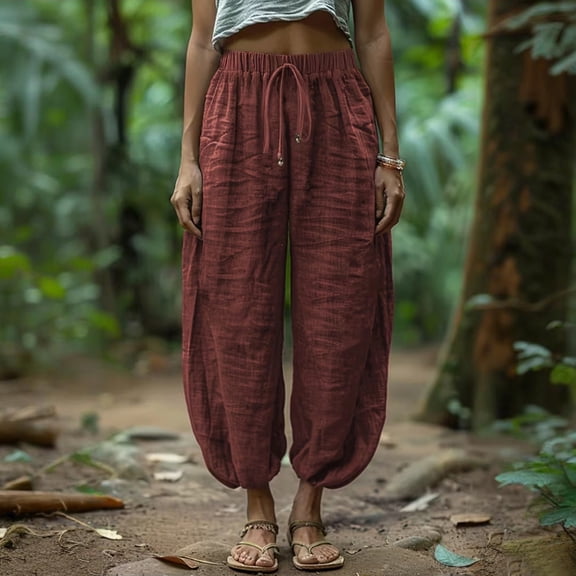 Nestiefly Linen Pants Women Cropped Baggy Harem Elastic Waist Drawstring Vacation Travel Casual Loose Boho Beach Pants Light Brown S