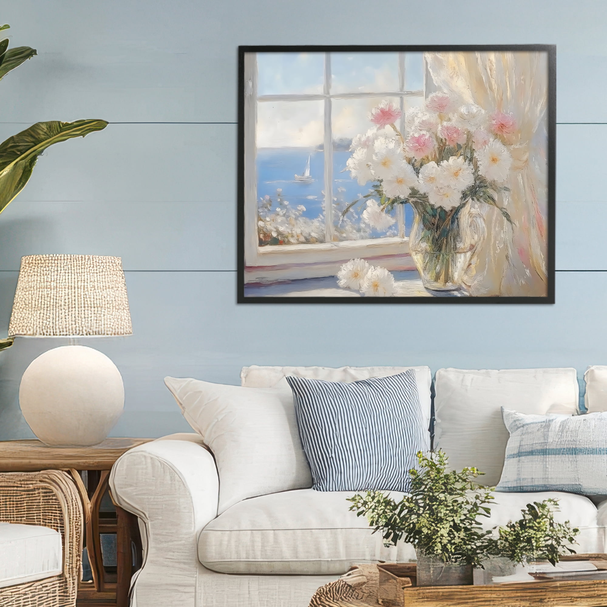 Stupell Industries Coastal View Floral Window Bouquet Black Framed Giclee Art, design by LSR Design Studio