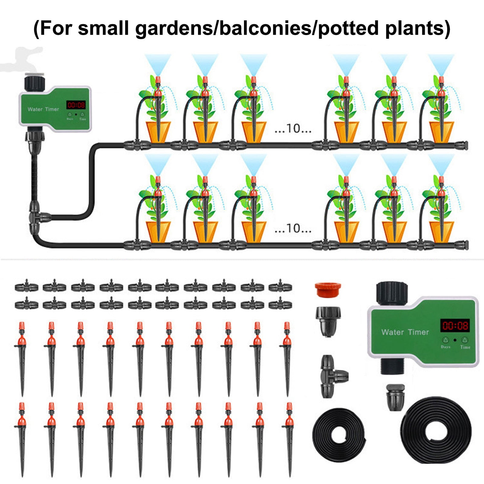 NFTIGB Drip Irrigation System Kit, Automatic Watering System with Water Timer for Greenhouse Garden Lawn Potted Plants, 69 Pieces (9.84 inches / 25 cm) - Make Gardening Easier