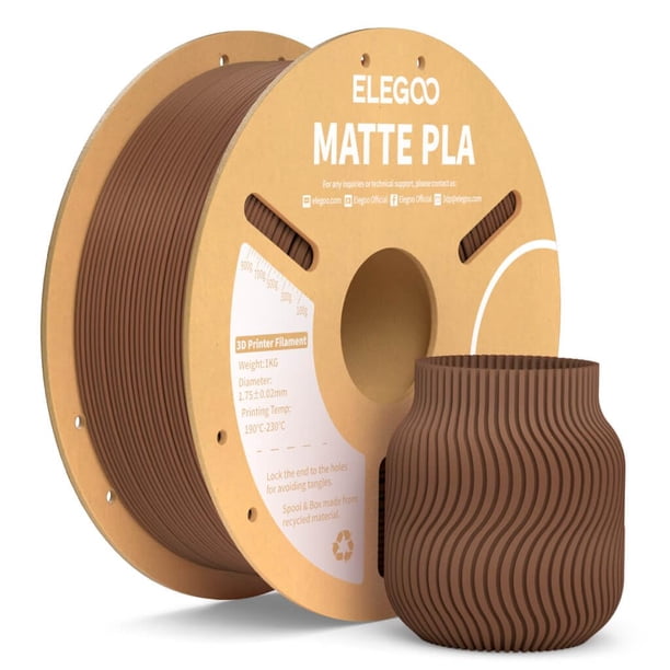Filamento PLA mate ELEGOO marrón tierra de 1 kg, 1,75 mm, para impresora 3D. Precisión dimensional: 0,02 mm. Bobina de cartón de 1 kg (2,2 lb). Compatible con la mayoría de impresoras 3D FDM.