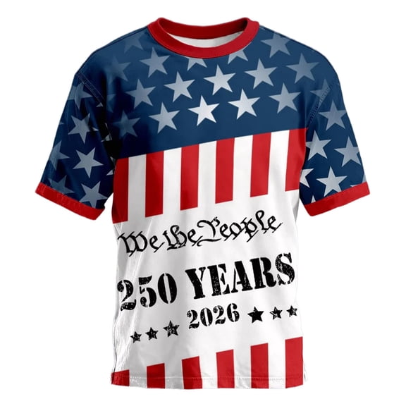 Crew Neck Short Sleeve T Shirt with USA Anniversary Print Commemorative Casual Top for 250th Anniversary USA Blue L