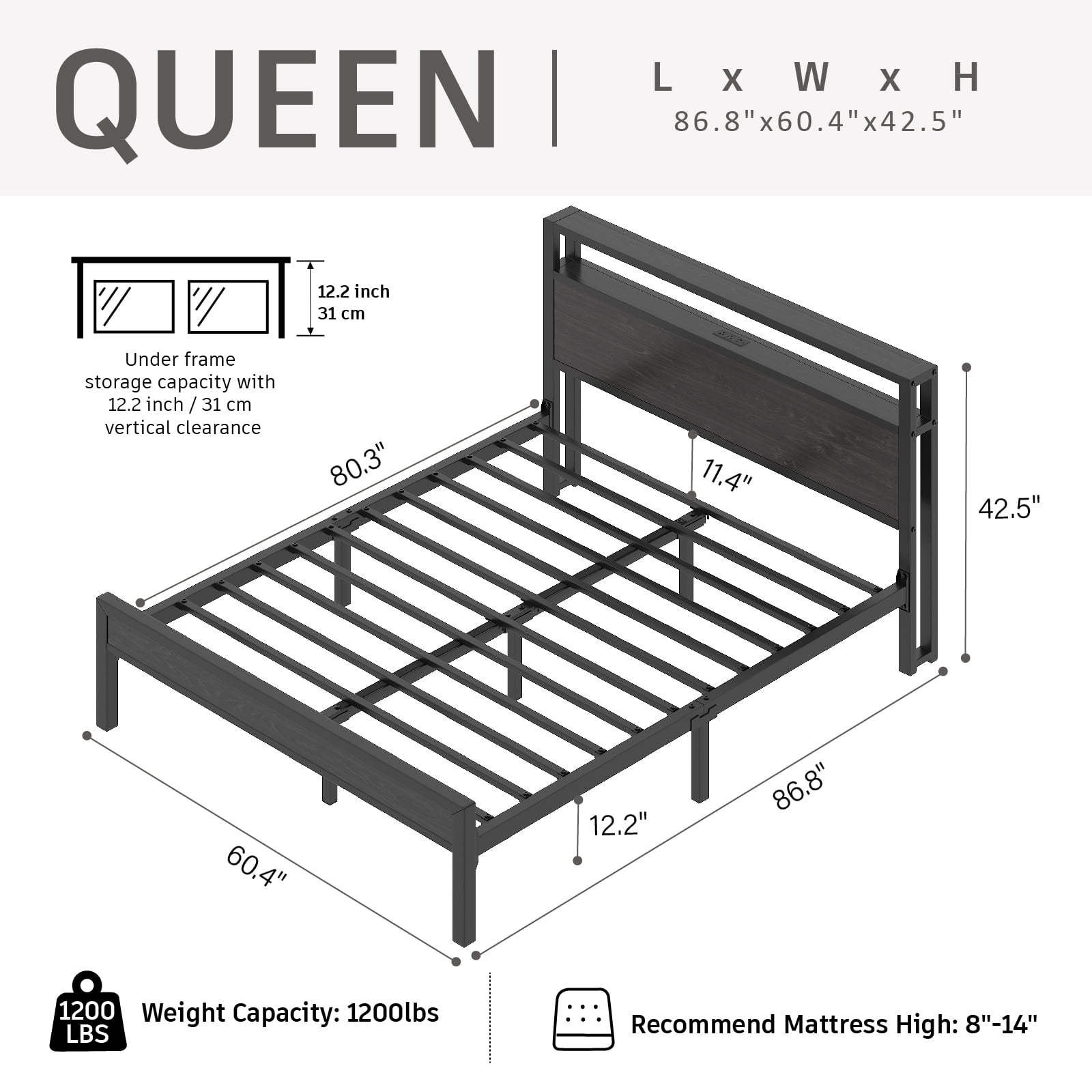 Queen Size Bed Frame with Storage Headboard, Metal Platform Bed with LED Lights & Charging Station, Heavy Duty Metal Slats, Black