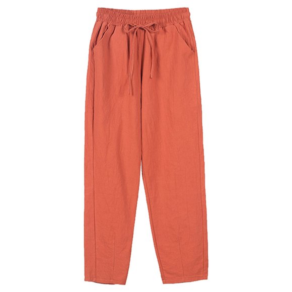 Pantalones palazzo de algodón y lino de cintura alta para mujer: pierna ancha, corte holgado, bolsillos, transpirables para verano/playa
