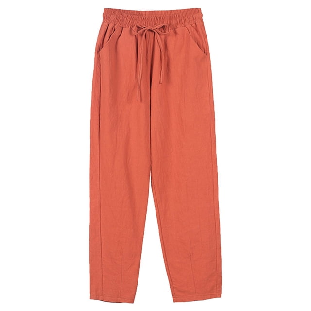 Pantalones palazzo de algodón y lino de cintura alta para mujer: pierna ancha, corte holgado, bolsillos, transpirables para verano/playa