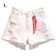 thumbnail image 1 of Pantalones cortos de mujer Pantalones cortos de cintura alta Agujeros destruidos Pantalones cortos con dobladillo deshilachado, Blanco, L Vogacara AP001525-13B, 1 of 7