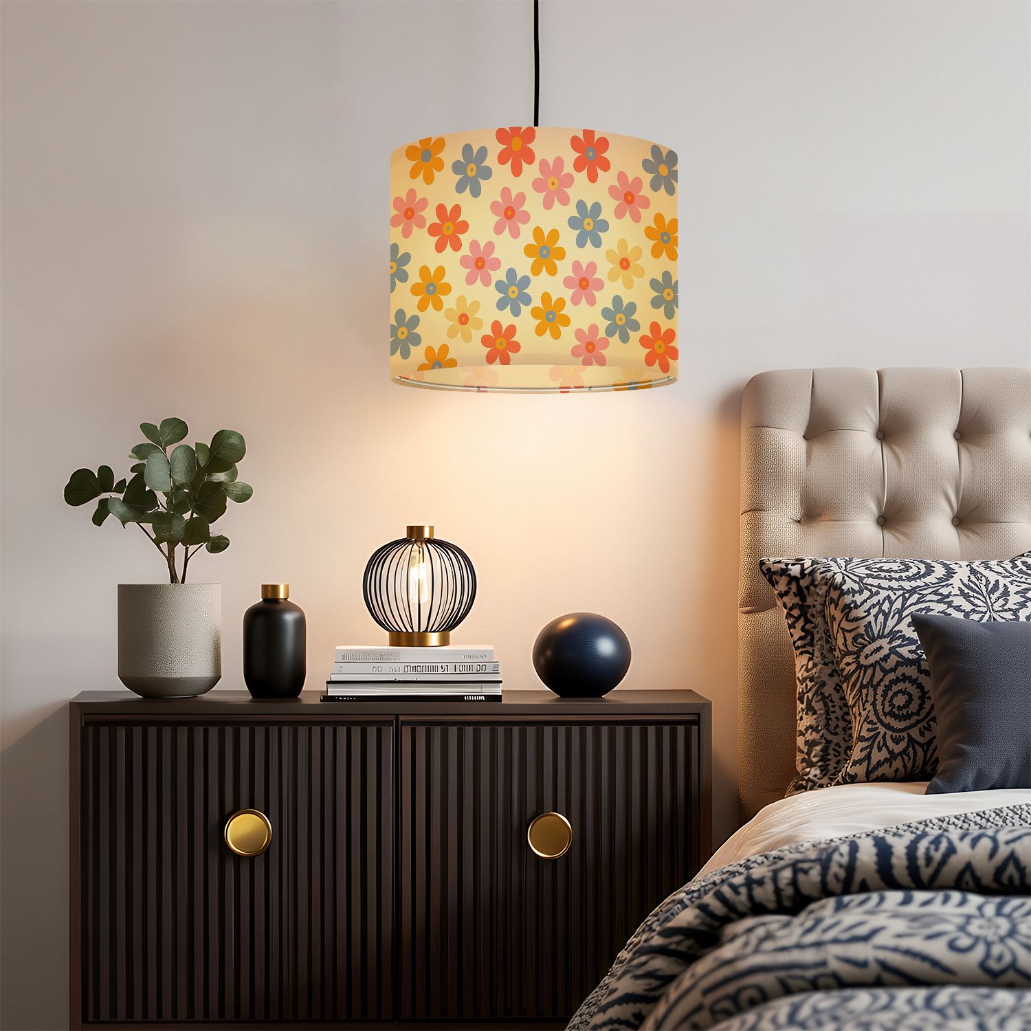 Linen Drum Lampshades Colorful Floral Daisy Mid Century Modern Retro 13"x13"x10" Light Shade for Table Lamps Floor Lamps Drum Lamp Shades Lampshade Replacement Assembly Required