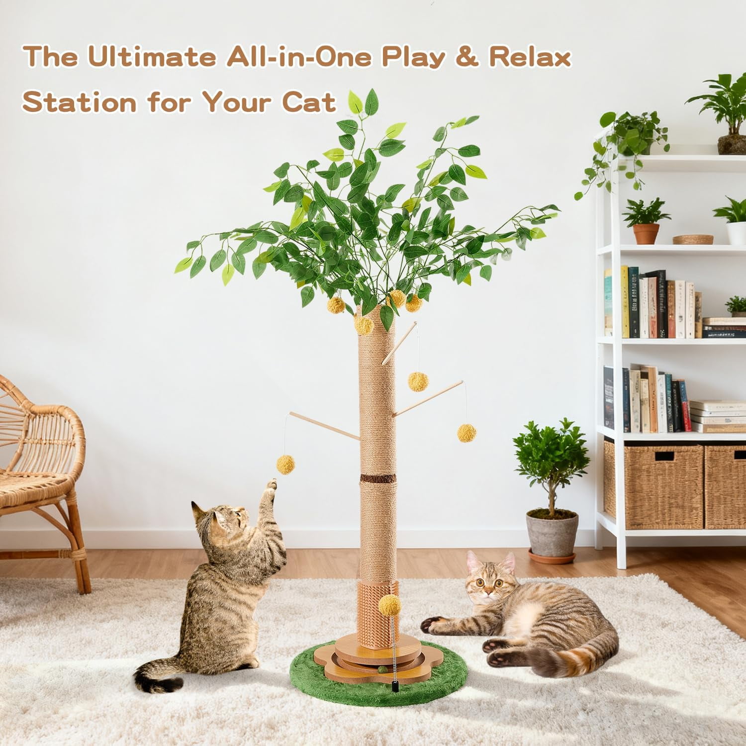 45 Tall  Scratching Post with Sisal Rope for Indoor Cats Adults Kittens,  Tree Scratcher with Hanging Balls,  Groomer, Track Balls